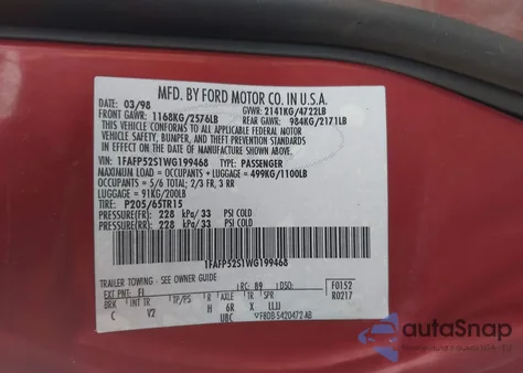 1998 Ford Taurus Lx/Se z USA, uszkodzony, nr VIN 1FAFP52S1WG199468